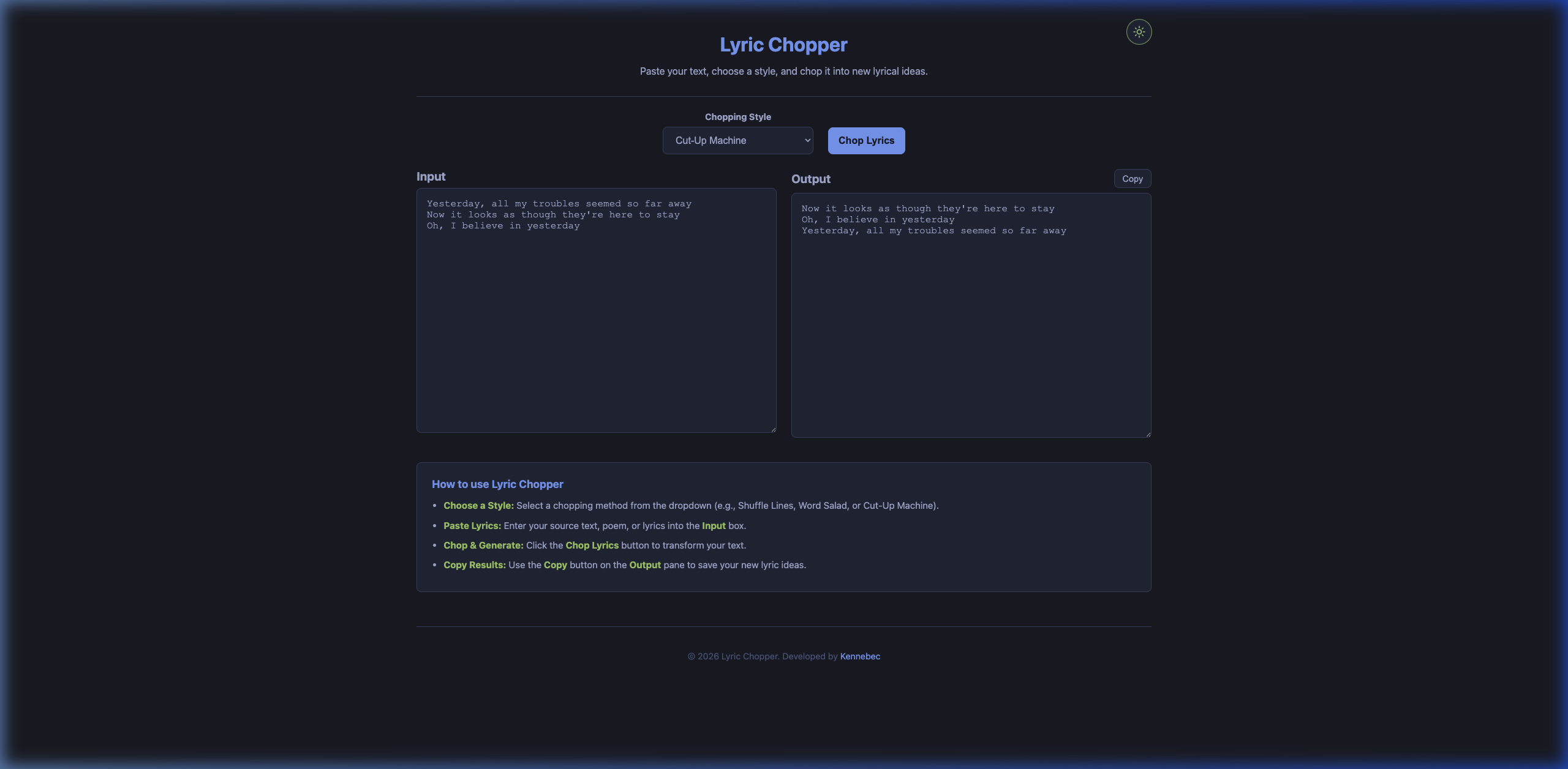 Lyric Chopper Output Screen